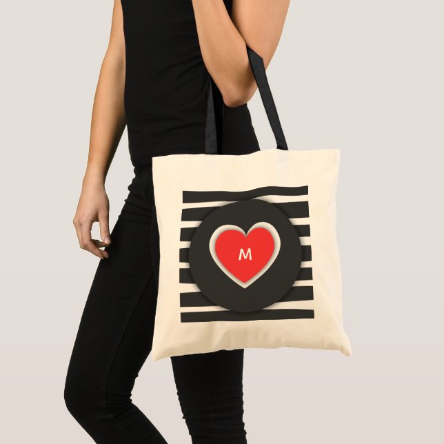 Modern Black and White Striped Red Heart Monogram Tote Bag (Front (Product))