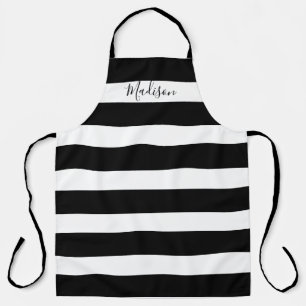 Modern Black and White Striped Script Personalised Apron