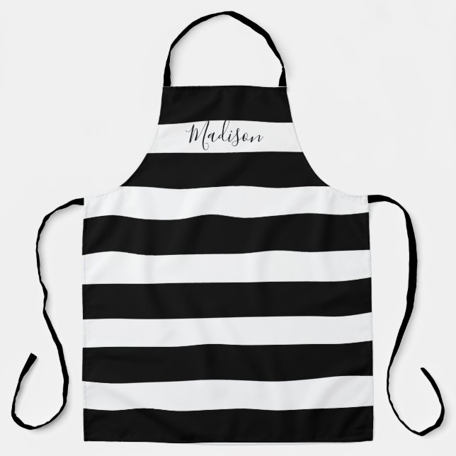 Modern Black and White Striped Script Personalised Apron (Front)