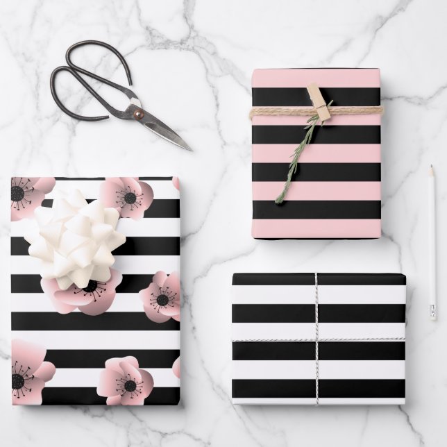 Modern Black and White Stripes and Pink Flowers Wrapping Paper Sheet (Front)