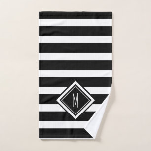 Modern Black and White Stripes Family Monogram Hand Towel