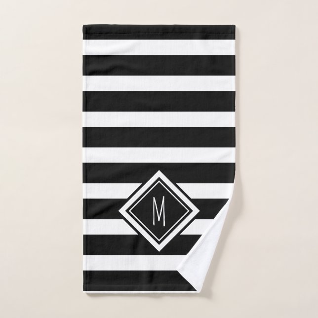 Modern Black and White Stripes Family Monogram Hand Towel (Hand Towel)