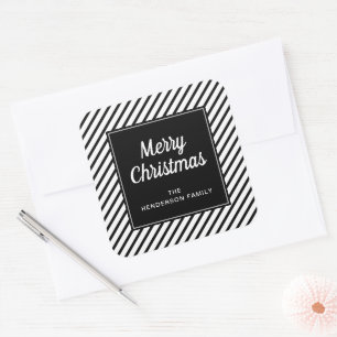 Modern Black And White Stripes Merry Christmas Square Sticker
