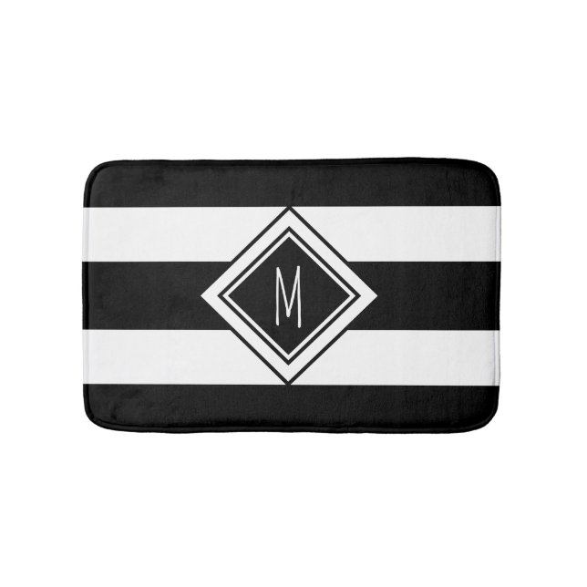 Modern Black and White Stripes Monogram Bath Mat (Front)