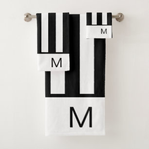 Modern Black and White stripes monogram bathroom Bath Towel Set