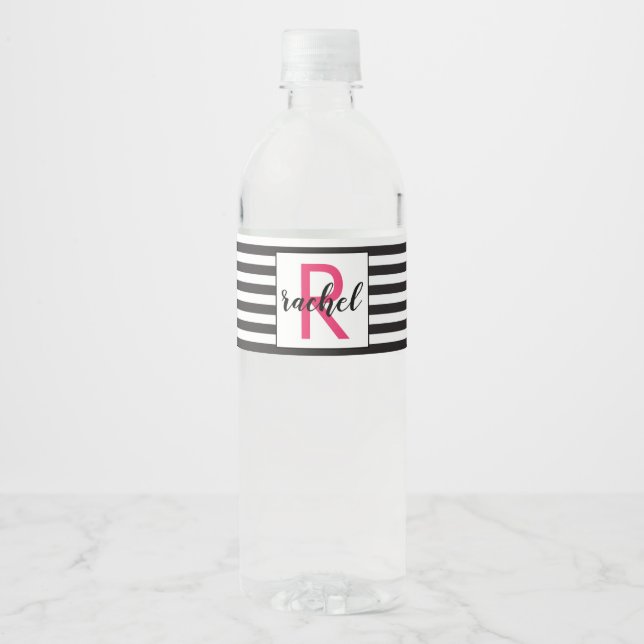 Modern Black and White Stripes Monogrammed Water Bottle Label (Front)