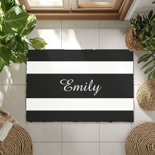 Modern Black And White Stripes Name Doormat