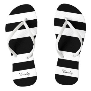 Modern Black And White Stripes Name Flip Flops