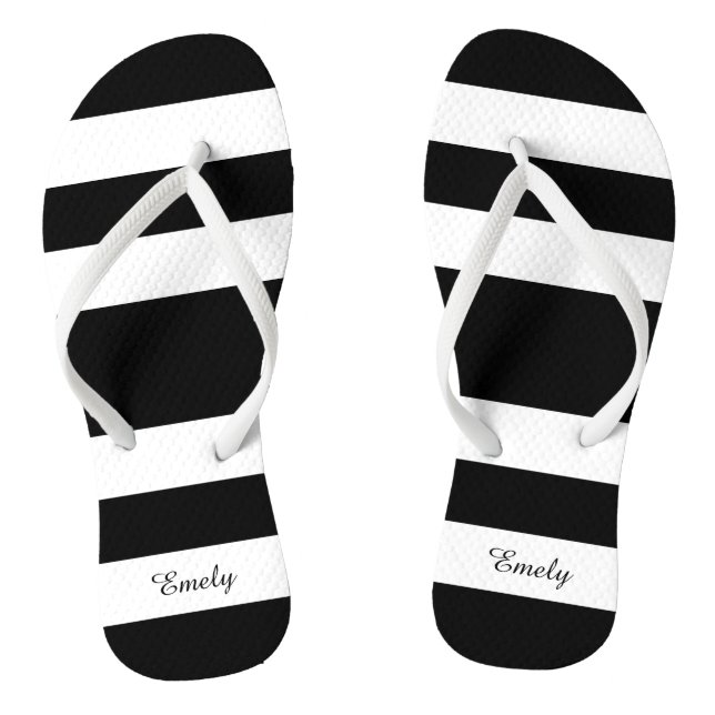 Modern Black And White Stripes Name Flip Flops (Footbed)