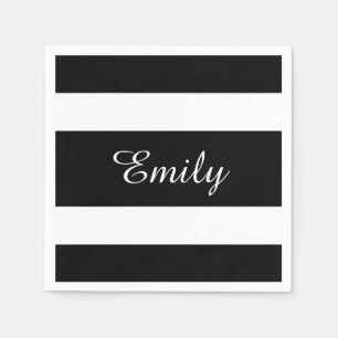 Modern Black And White Stripes Name Print Napkin
