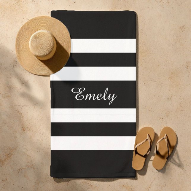 Modern Black And White Stripes Pattern Beach Towel (Custom Name Modern Black And White Stripes Pattern Beach Towel)