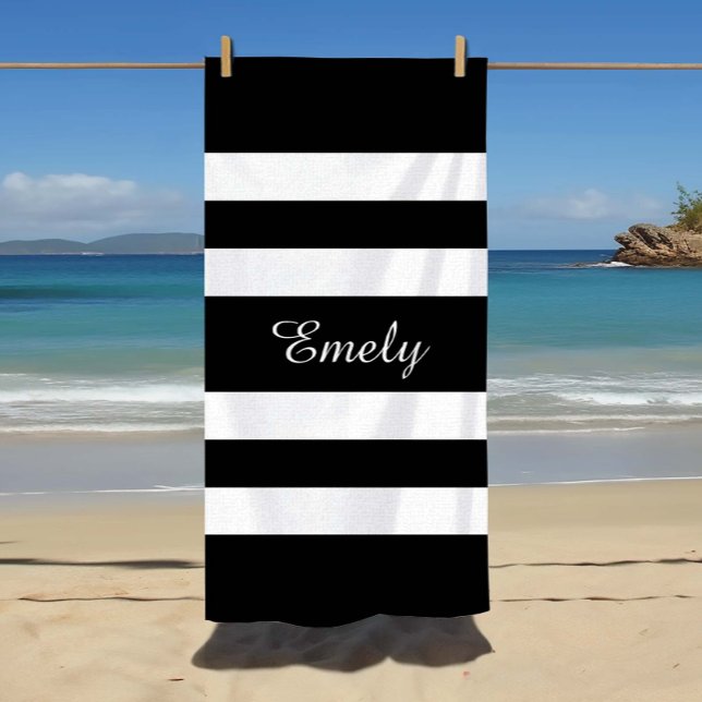 Modern Black And White Stripes Pattern Beach Towel (Custom Name Modern Black And White Stripes Pattern Beach Towel)