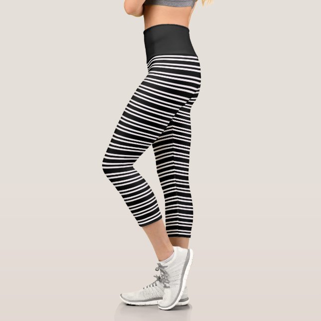 Modern Black And White Stripes Pattern Capri Leggings (Left)