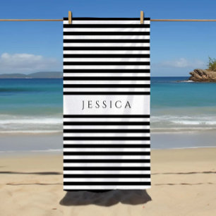 Modern Black And White Stripes Pattern Name Beach Towel
