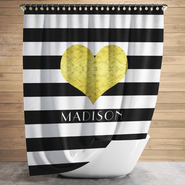 Modern Black And White Stripes Pattern Shower Curtain (Gold Heart Black White Stripes Pattern Name Shower Curtain)