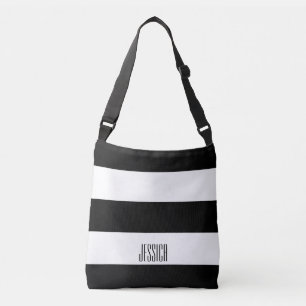 Modern Black and White Stripes Personalised Text Crossbody Bag