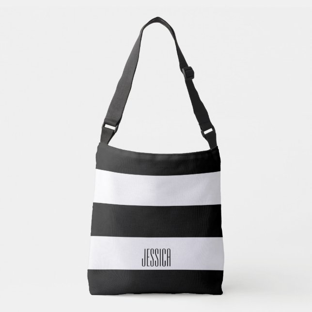 Modern Black and White Stripes Personalised Text Crossbody Bag (Front)
