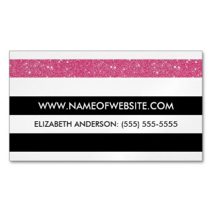 Modern Black and White Stripes Pink FAUX Glitz Magnetic Business Card