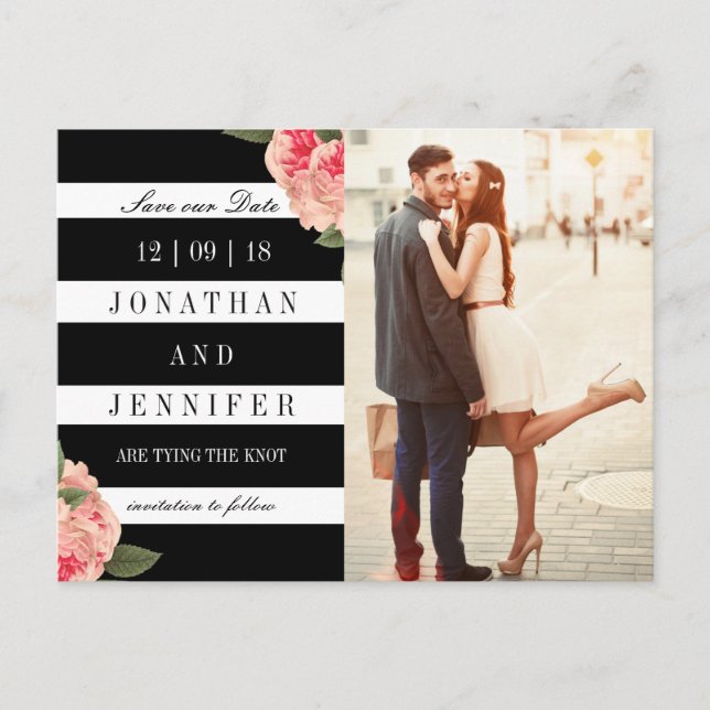 Modern Black and White Stripes Save the Date Announcement Postcard (Front)