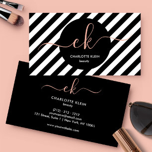 Modern Black and White Stripes Script Monogram Business Card