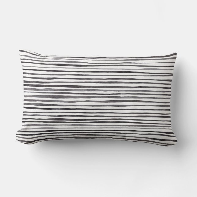 Modern Black and White Stripes Watercolor  Lumbar Cushion (Front)