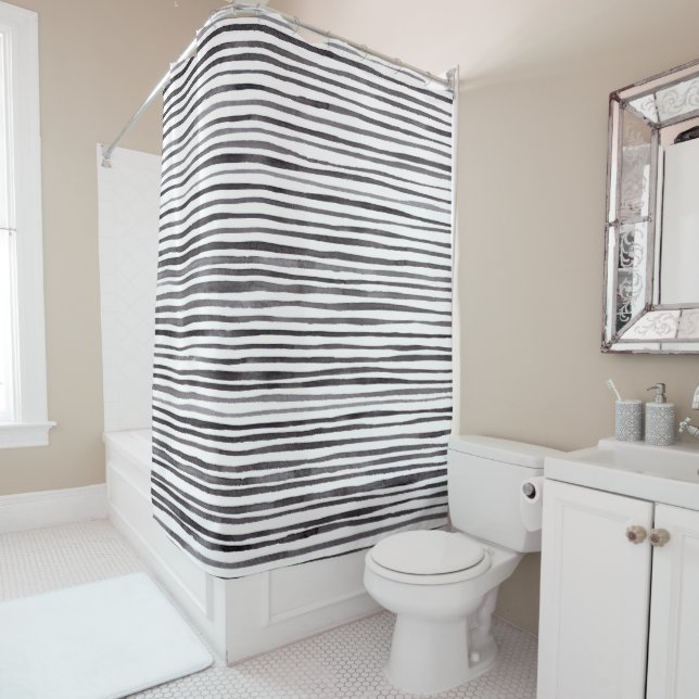 Modern Black and White Stripes Watercolor  Shower Curtain (In Situ)