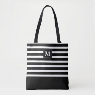 Modern Black and White Stripes with Monogram Tote Bag
