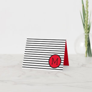 Modern Black and White Stripes With Red Monogram Note Card