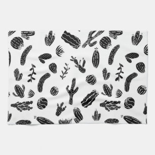 Modern Black and White Succulent Cactus Pattern Tea Towel