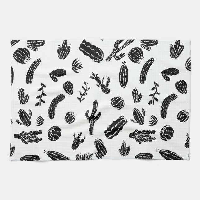 Modern Black and White Succulent Cactus  Pattern Tea Towel (Horizontal)
