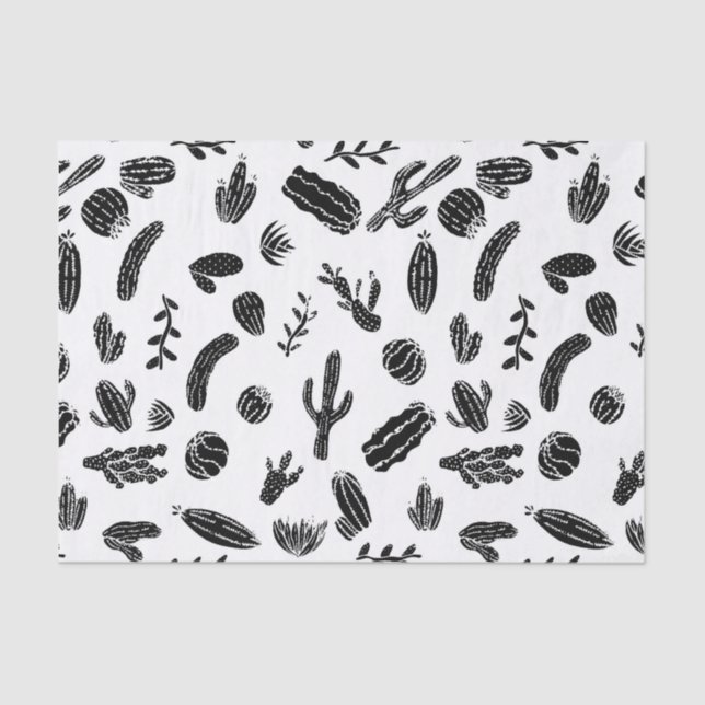 Modern Black and White Succulent Cactus  Pattern Tissue Paper (Front)