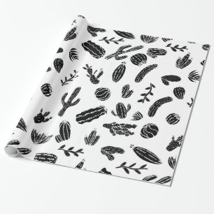 Modern Black and White Succulent Cactus Pattern Wrapping Paper