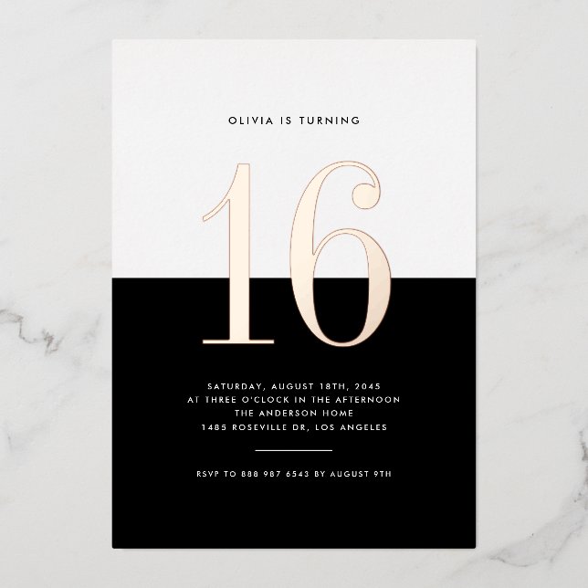 Modern Black and White Sweet 16 Rose Gold Foil (Front)