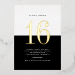 Modern Black and White Sweet Sixteen Gold Foil<br><div class="desc">Invite guests to your event with this customisable sweet sixteen party invitation. It features a black and white colour block with modern typography. Personalise this modern sweet 16 invitation by adding your event details. This gold foil sweet sixteen invitation is available in other foil colours.</div>