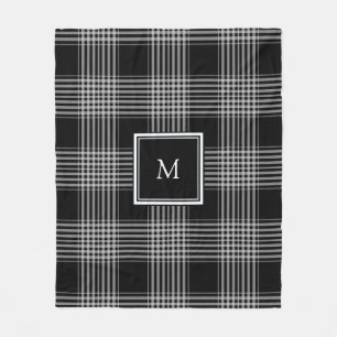 Modern black and white tartan family monogram fleece blanket