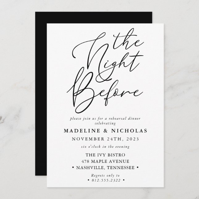 Modern Black And White The Night Before Rehearsal Invitation (Front/Back)