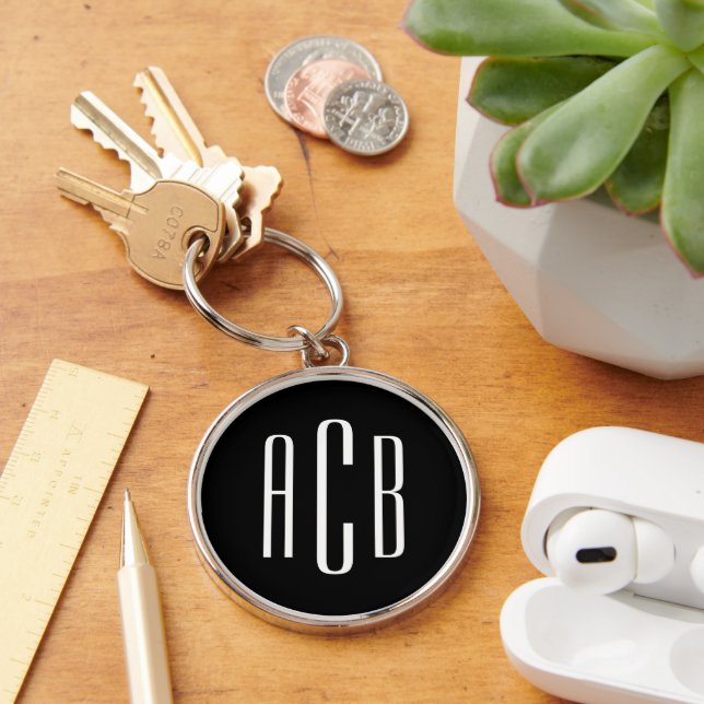 Modern Black and White Three Letter Monogram Key Ring (Desk)