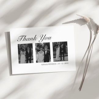 Modern Black and White Three Photo Wedding Thank You Card