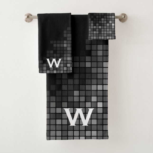 Modern Black and White Tile Pattern Bath Towel Set (Insitu)