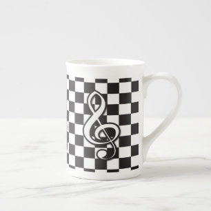 Modern Black and White Treble Clef on Chequerboard Bone China Mug