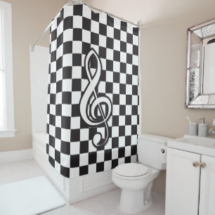 Modern Black and White Treble Clef on Chequerboard Shower Curtain