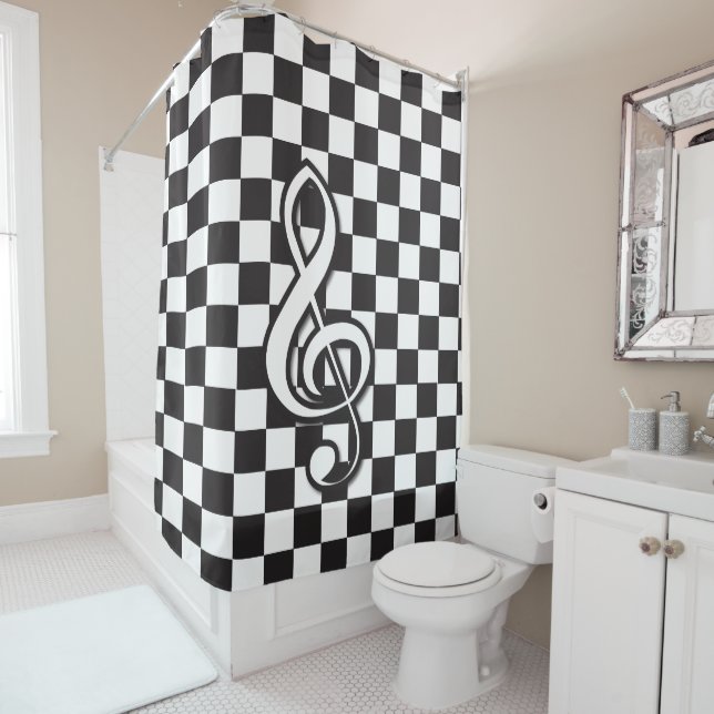Modern Black and White Treble Clef on Chequerboard Shower Curtain (In Situ)
