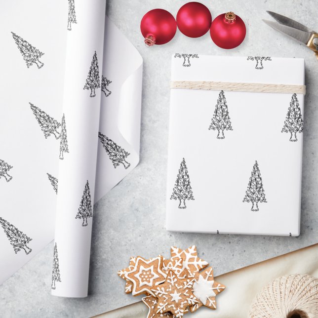Modern Black And White Tree Minimalist Christmas  Wrapping Paper (Creator Uploaded)
