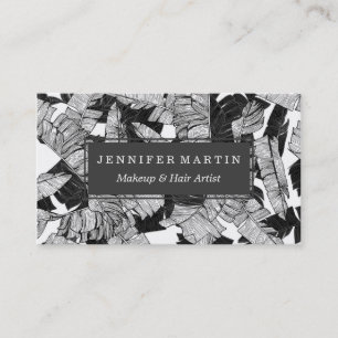 Modern Black and White Tropical Banana Leaves Business Card