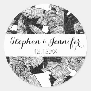 Modern Black and White Tropical Banana Leaves Classic Round Sticker