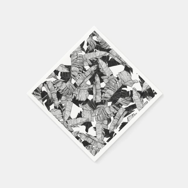 Modern Black and White Tropical Banana Leaves Napkin (Corner)