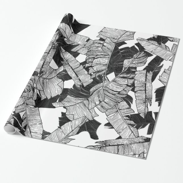 Modern Black and White Tropical Banana Leaves Wrapping Paper (Unrolled)