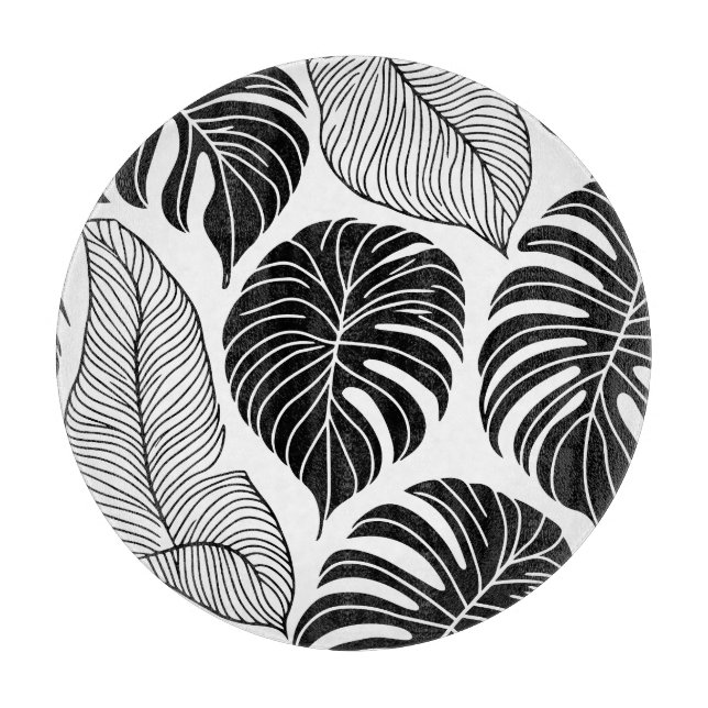 Modern black and white tropical leaves cutting board (Front)