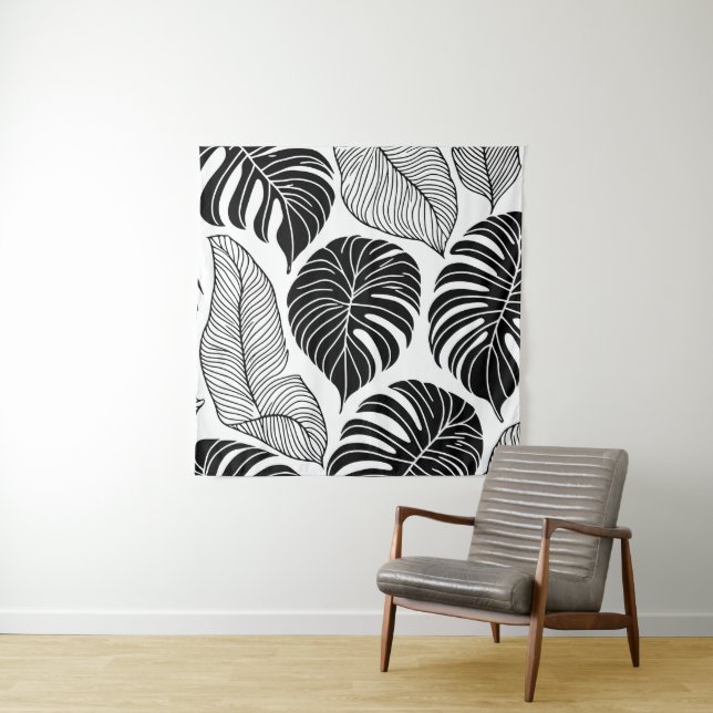 Modern black and white tropical leaves tapestry (In Situ)