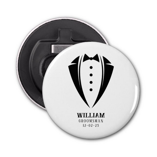 Modern Black and White Tuxedo Groomsman Gift Bottle Opener (Front)